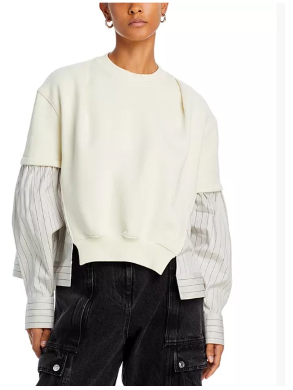 3.1 Philip Lim Mixed Media Gathered Poplin Sweatshirt Size Small Alabaster
